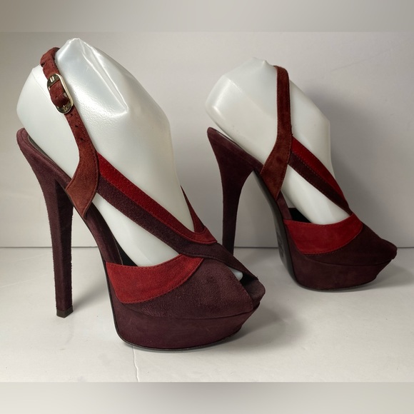 Fendi open toe pumps heels sandals suede platform slingback burgundy 37 - Picture 1 of 11